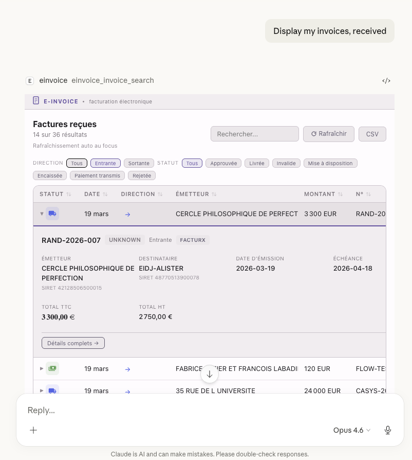 Claude listant 36 factures reçues via le tool MCP einvoice_invoice_search — format Factur-X, montants, émetteurs, statuts cycle de vie